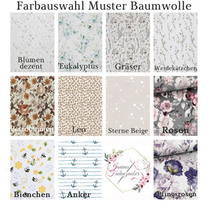Wickelauflagen Set mit Baumwollmotiven, individuell konfigurierbar, Stoffe nach Wunsch, selbst zusammengestellte Wickelauflagen.
