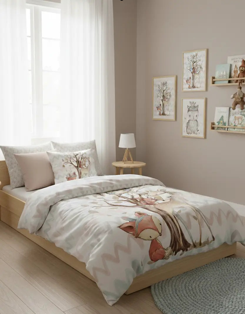 Bettwäsche-Set mit Waldtier-Motiv, variable Größen und Farben, aus Baumwolle, naturfarben mit Wildtier-Designs.