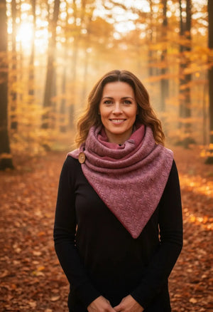 Dreieckstuch Wickelschal aus Zopfstrick in Mauve, einfaches modisches Accessoire, zeigt die gestrickte Textur und Farbe.