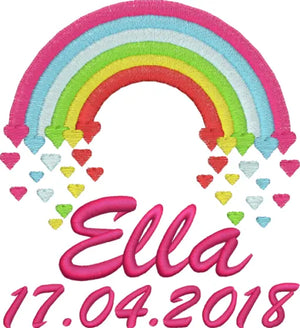 Bunter Harlequin-Elch in Pink mit Regenbogenherzen, Spielzeugfigur von Mein Shop, auf farbigem Hintergrund.