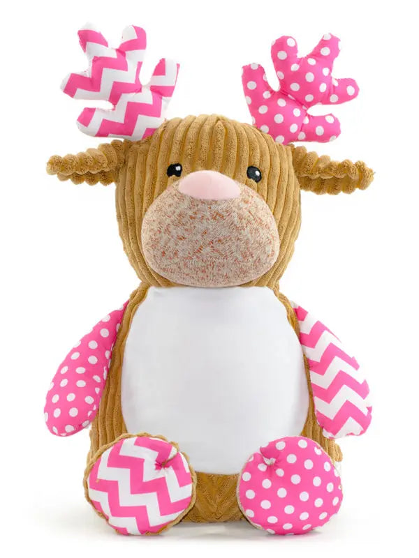 Helle pinke Harlequin-Elch aus Mein Shop, weiches Stofftier mit buntem Muster, ideal zum Kuscheln und Sammeln.