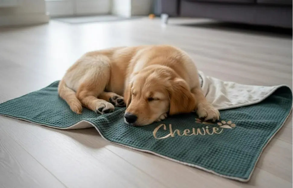 Weiche Hundedecke aus Fleece mit Sternenmuster in Cremefarben, personalisierbar, ideal für Hunde und Sofaecken
