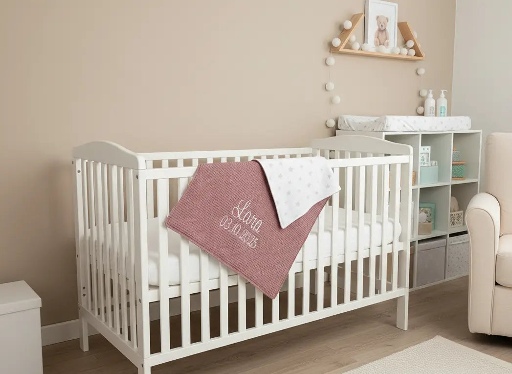 Weiche Babydecke mit Namen in Altrosa mit Sternenmuster und cremiger Farbe, ideal für Neugeborene und Babys