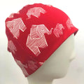 Rote Bio-Elefanten Beanie von Mein Shop, weiches gestricktes Mützen-Design, variable Größen, warm und bequem für den Winter.