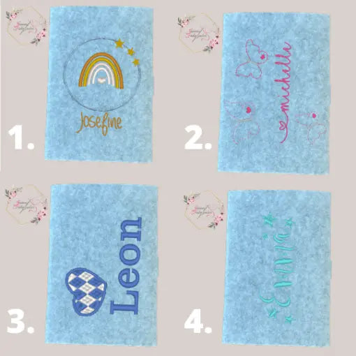 Bestickte U-Heft-Hülle in verschiedenen Designs, aus weichem Material, schützt das Kinder-U-Heft stilvoll.