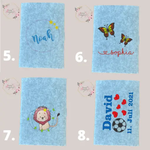 Bestickte U-Heft-Hülle in verschiedenen Designs, robuste und praktische Kinderkrankenhüllle, ideal für den Alltag.