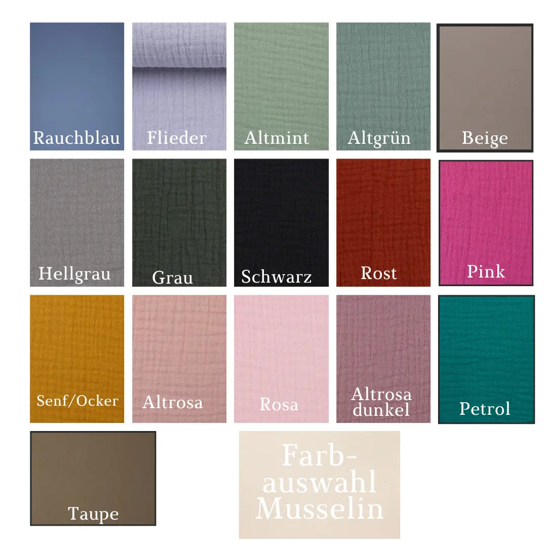 Verschiedene Farbauswahl für die Babydecke aus Musselin, weiches und atmungsaktives Material für Babys.