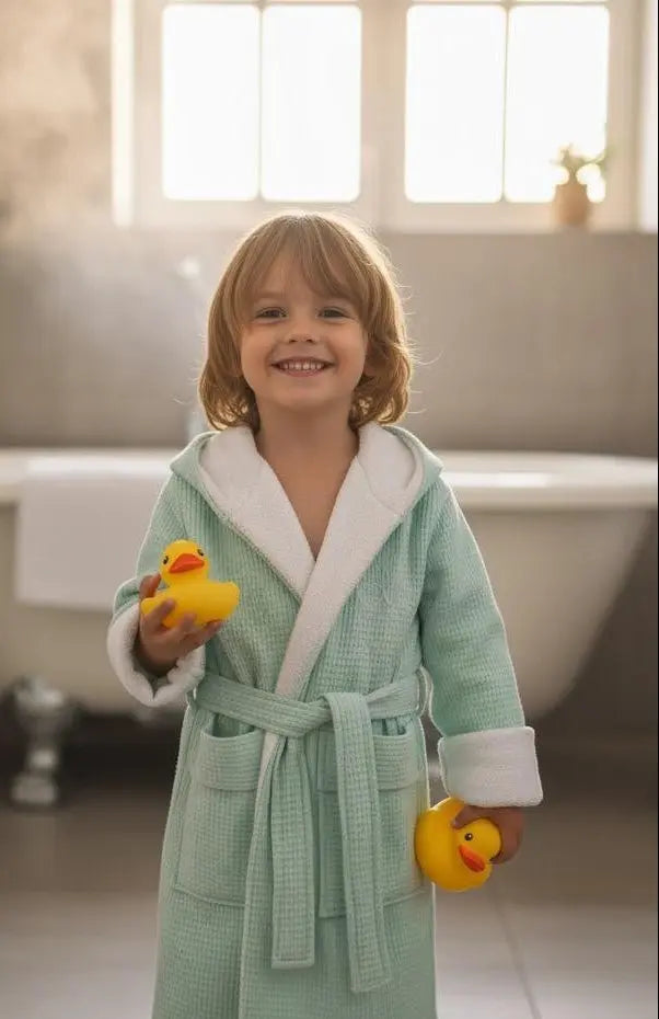 Mädchen-Bademantel aus Waffelstoff und Frottee in Mint, Kinderbademantel von Mein Shop, bequem und weich.