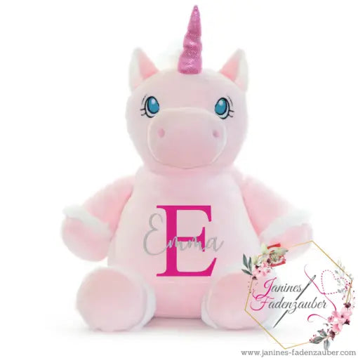 Variante eines rosa Einhorns mit Wunschstickerei, detailreiche Näharbeiten, kindgerechtes Design, ideal für Kinderzimmerdekoration.