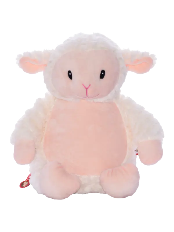 Fluffy weißes Lämmchen aus weichem Material, variabler Artikel von Mein Shop, auf hellem Hintergrund fotografiert