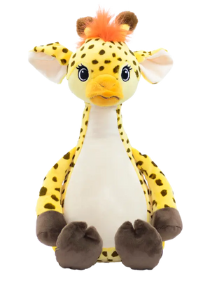 Bunte Giraffe aus Stoff, variabler Spielzeug-Teddy, von Mein Shop, mit bunten Mustern und weichem Material, auf einem weißen Hintergrund.