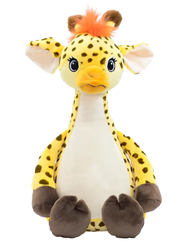 Bunte Giraffe aus Stoff, variabler Spielzeug-Teddy, von Mein Shop, mit bunten Mustern und weichem Material, auf einem weißen Hintergrund.