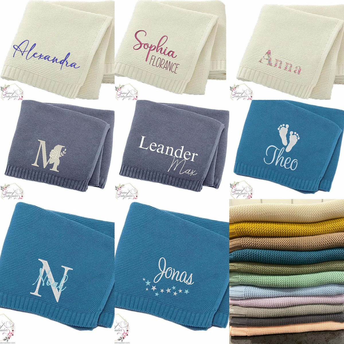 Weiche personalisierte Babydecke aus 100% Baumwolle mit gestricktem Muster, ideal für Neugeborene und Kinder.